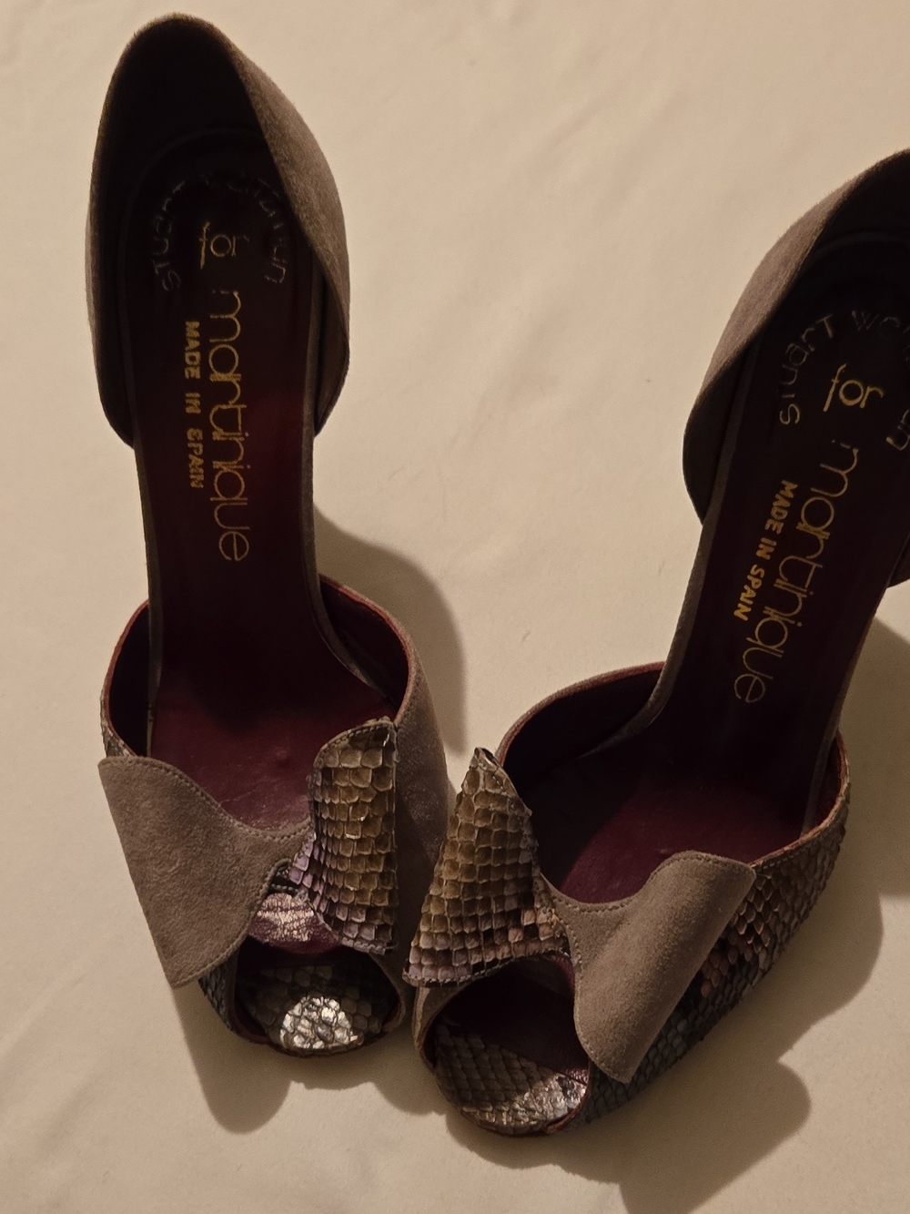 Stuart Weitzman Taupe Suede & Snake-Embossed Peep-Toe Heels